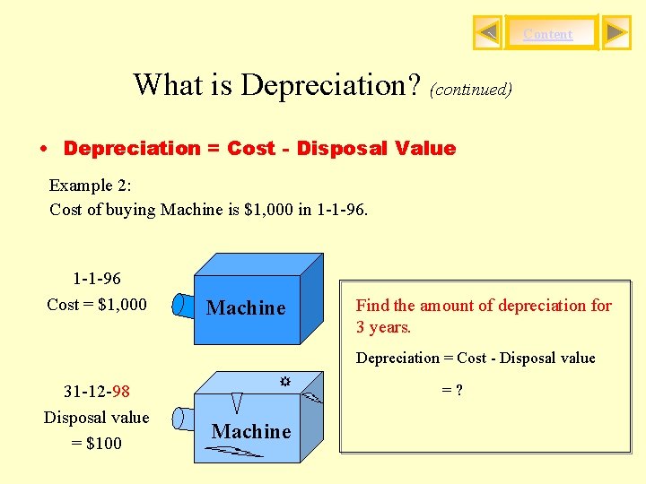 Content What is Depreciation? (continued) • Depreciation = Cost - Disposal Value Example 2: