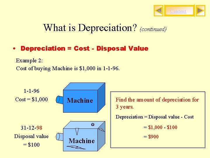 Content What is Depreciation? (continued) • Depreciation = Cost - Disposal Value Example 2: