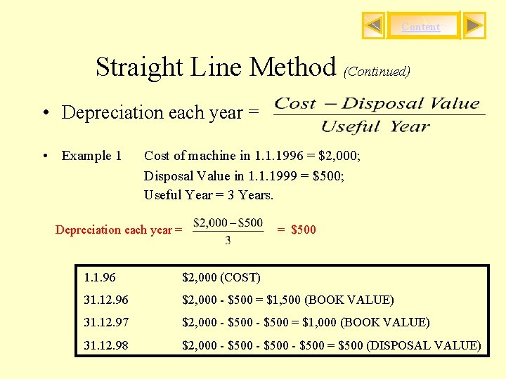 Content Straight Line Method (Continued) • Depreciation each year = • Example 1 Cost