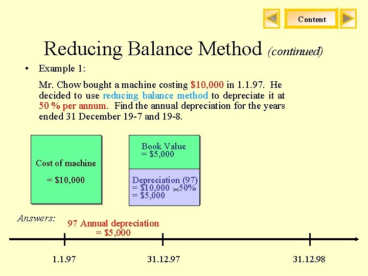 Content Reducing Balance Method (continued) • Example 1: Mr. Chow bought a machine costing