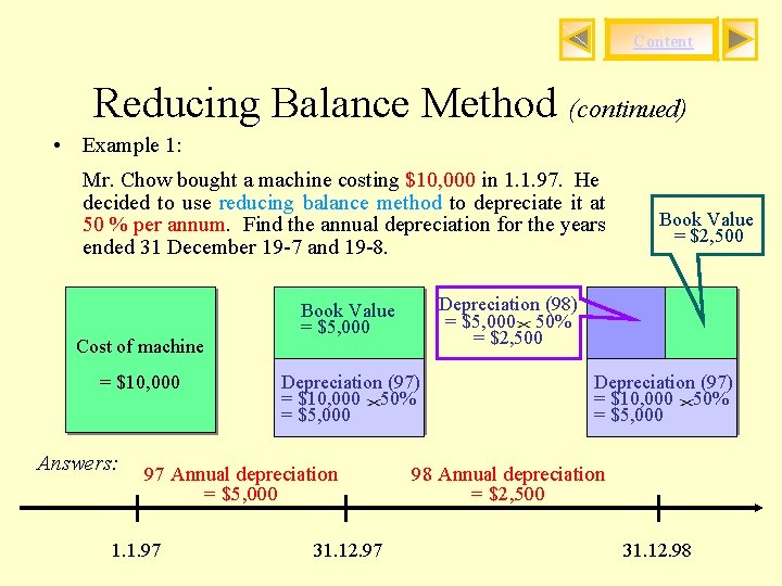 Content Reducing Balance Method (continued) • Example 1: Mr. Chow bought a machine costing