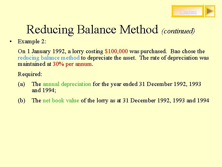 Content Reducing Balance Method (continued) • Example 2: On 1 January 1992, a lorry