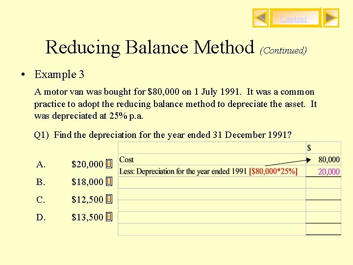Content Reducing Balance Method (Continued) • Example 3 A motor van was bought for