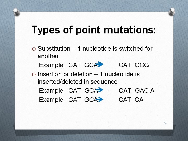 Types of point mutations: O Substitution – 1 nucleotide is switched for another Example:
