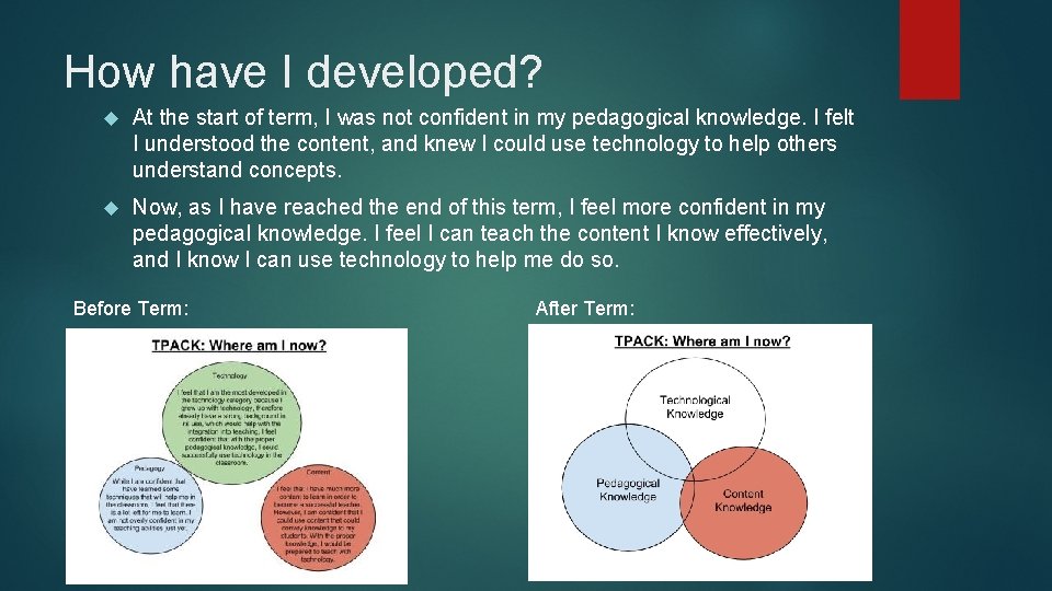 How have I developed? At the start of term, I was not confident in