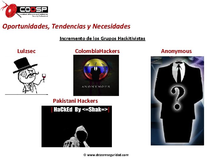 Oportunidades, Tendencias y Necesidades Incremento de los Grupos Hackitivistas Lulzsec Colombia. Hackers Pakistani Hackers Oportunidades, Tendencias y Necesidades Incremento de los Grupos Hackitivistas Lulzsec Colombia. Hackers Pakistani Hackers