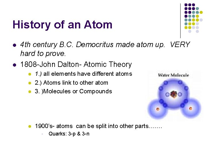 History of an Atom l l 4 th century B. C. Democritus made atom