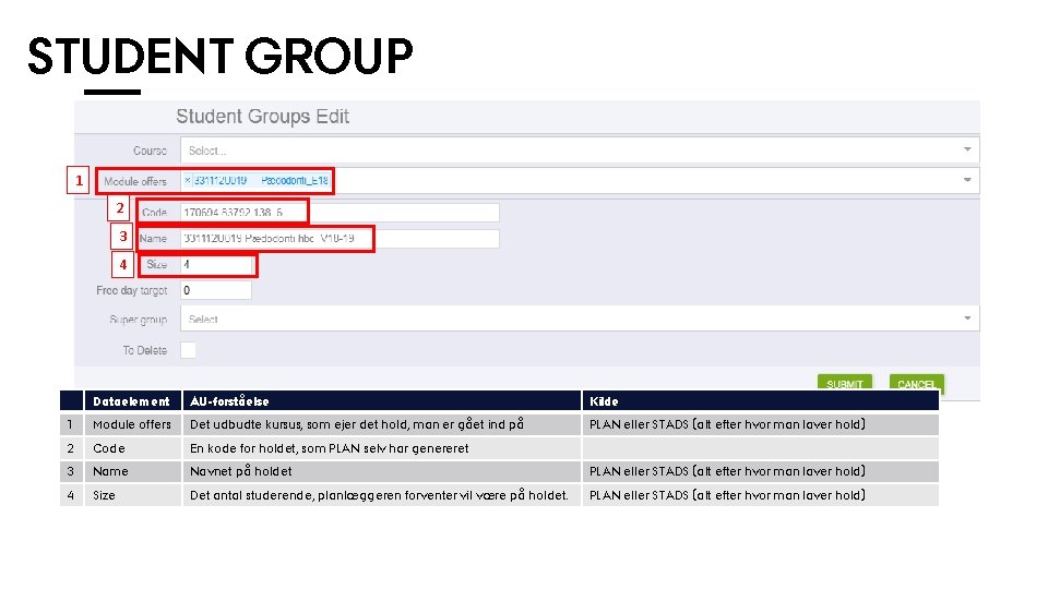 STUDENT GROUP 1 2 3 4 Dataelement AU-forståelse Kilde 1 Module offers Det udbudte