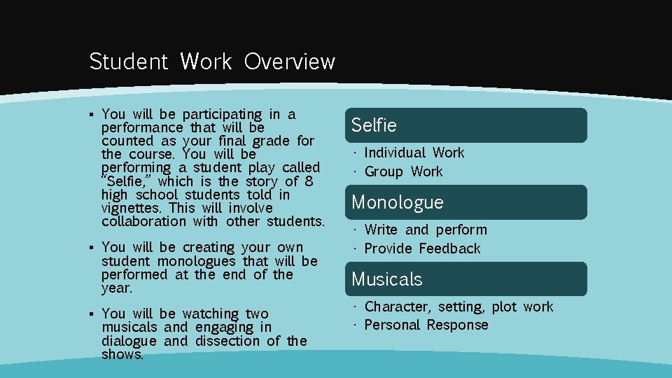 Student Work Overview ▪ You will be participating in a performance that will be