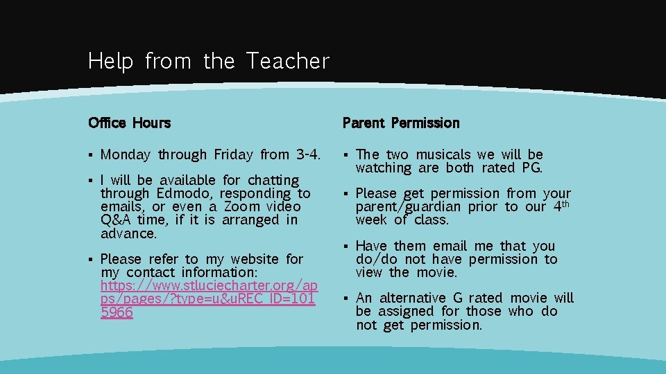 Help from the Teacher Office Hours Parent Permission ▪ Monday through Friday from 3