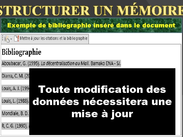 STRUCTURER UN MÉMOIRE Bibliographie sitographie) Exemple de bibliographie(et inséré dans le document Toute modification