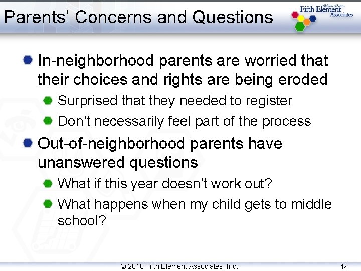 Parents’ Concerns and Questions In-neighborhood parents are worried that their choices and rights are