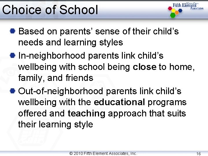 Choice of School Based on parents’ sense of their child’s needs and learning styles