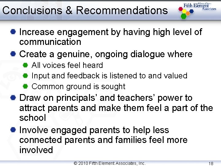 Conclusions & Recommendations Increase engagement by having high level of communication Create a genuine,