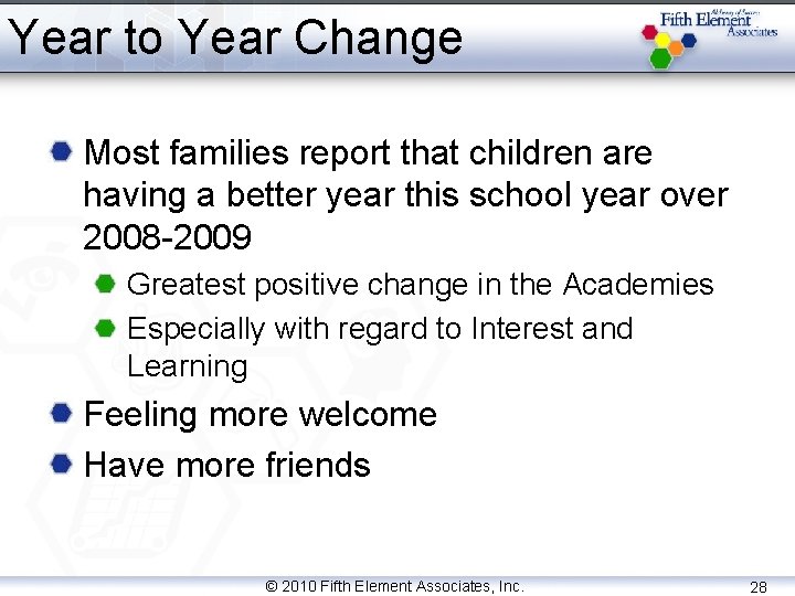 Year to Year Change Most families report that children are having a better year