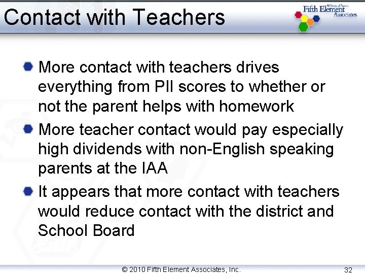 Contact with Teachers More contact with teachers drives everything from PII scores to whether