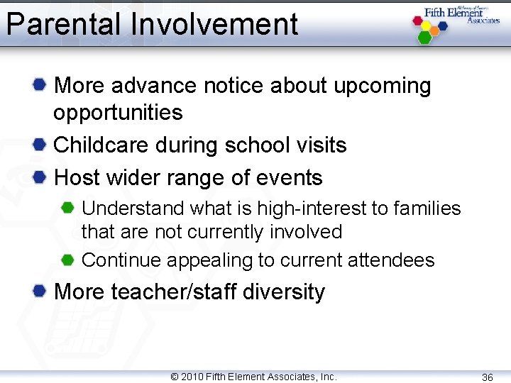 Parental Involvement More advance notice about upcoming opportunities Childcare during school visits Host wider