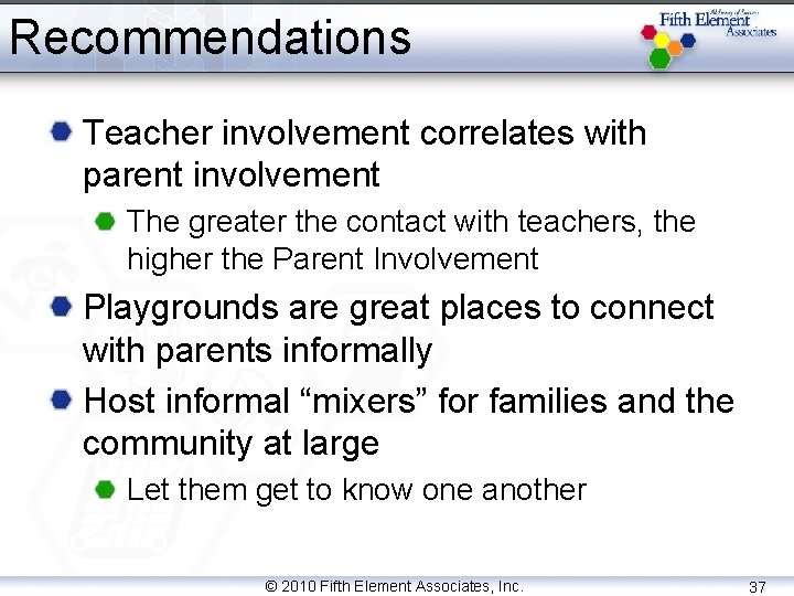 Recommendations Teacher involvement correlates with parent involvement The greater the contact with teachers, the