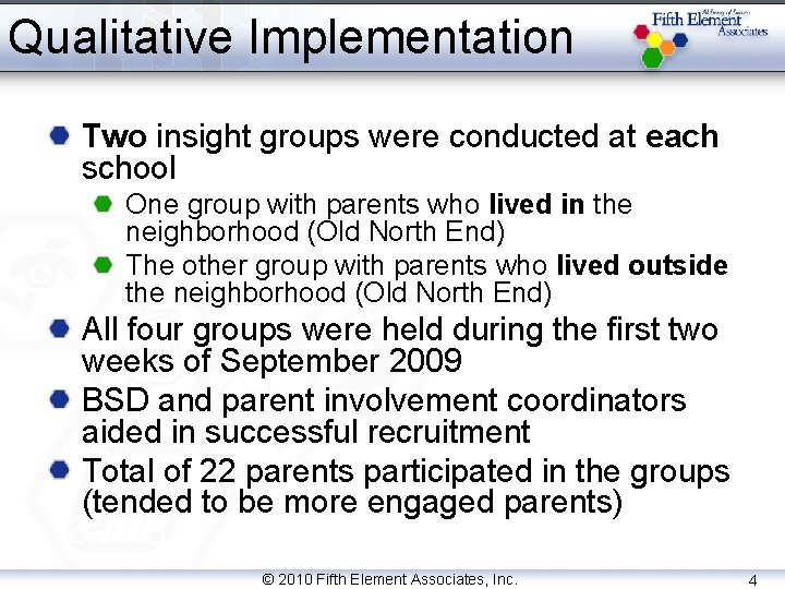 Qualitative Implementation Two insight groups were conducted at each school One group with parents