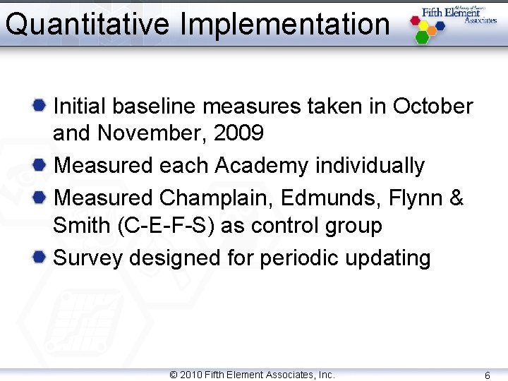 Quantitative Implementation Initial baseline measures taken in October and November, 2009 Measured each Academy