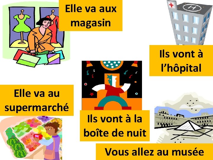 Elle va aux magasin Ils vont à l’hôpital Elle va au supermarché Ils vont