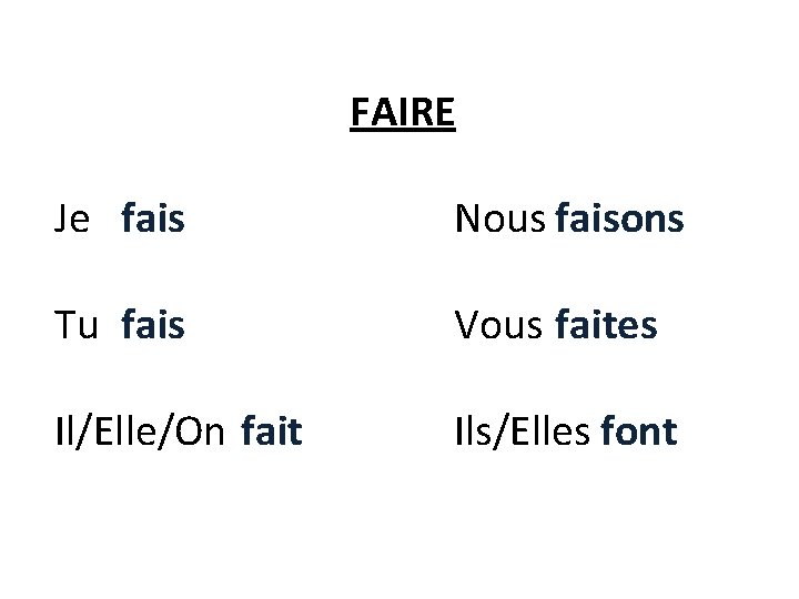FAIRE Je fais Nous faisons Tu fais Vous faites Il/Elle/On fait Ils/Elles font 