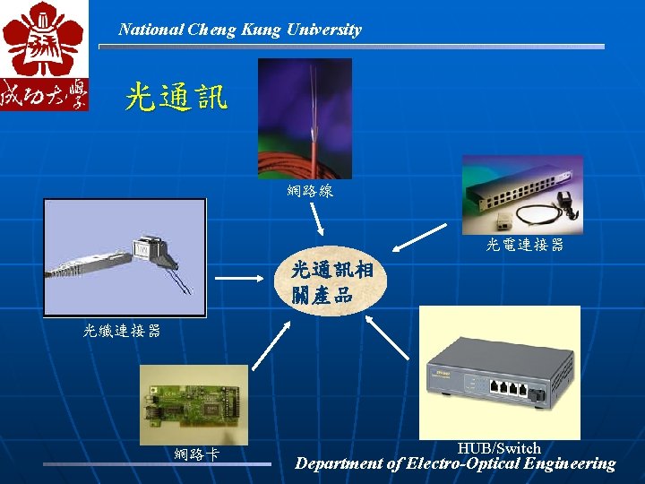 National Cheng Kung University 光通訊 網路線 光電連接器 光通訊相 關產品 光纖連接器 網路卡 HUB/Switch Department of