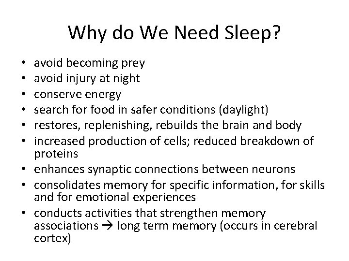 Why do We Need Sleep? avoid becoming prey avoid injury at night conserve energy