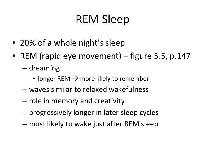 REM Sleep • 20% of a whole night’s sleep • REM (rapid eye movement)