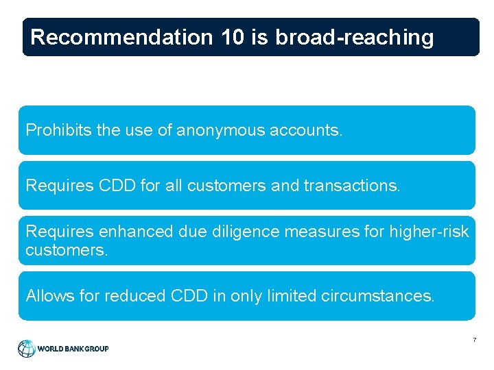 Recommendation 10 is broad-reaching Prohibits the use of anonymous accounts. Requires CDD for all