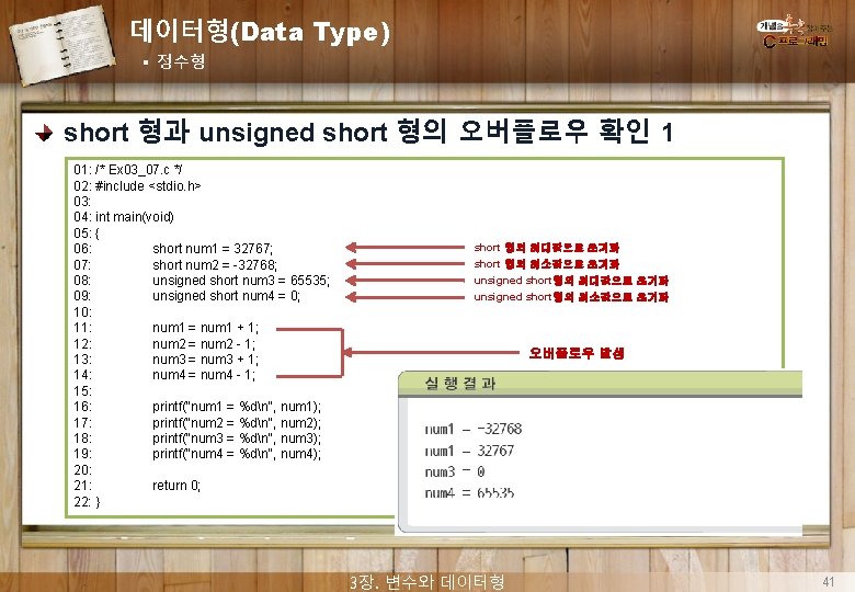 데이터형(Data Type) § 정수형 short 형과 unsigned short 형의 오버플로우 확인 1 01: /*