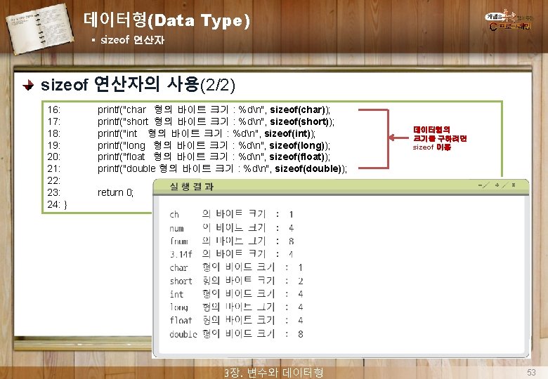 데이터형(Data Type) § sizeof 연산자의 사용(2/2) 16: 17: 18: 19: 20: 21: 22: 23: