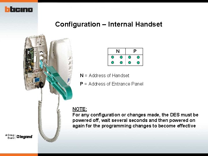 Configuration – Internal Handset N P N = Address of Handset P = Address