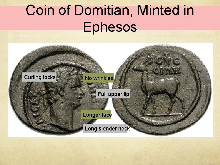 Coin of Domitian, Minted in Ephesos Curling locks No wrinkles Full upper lip Longer