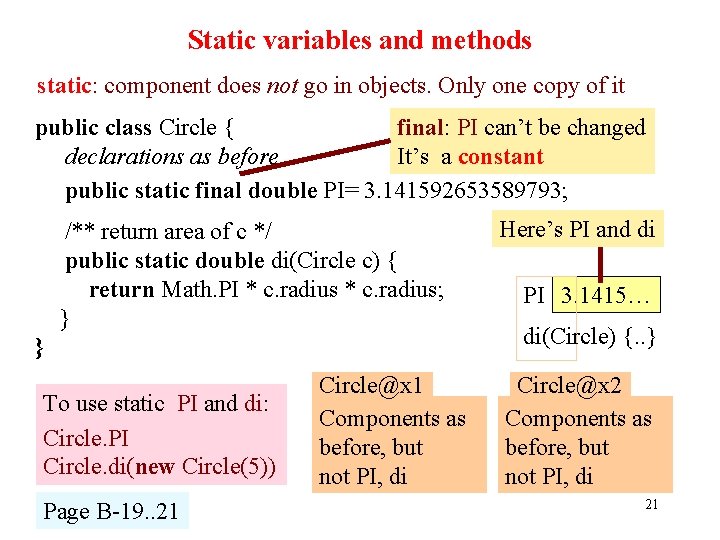 Static variables and methods static: component does not go in objects. Only one copy