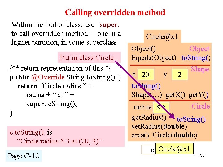 Calling overridden method Within method of class, use super. to call overridden method —one