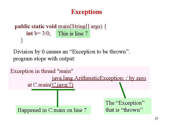 Exceptions public static void main(String[] args) { int b= 3/0; This is line 7
