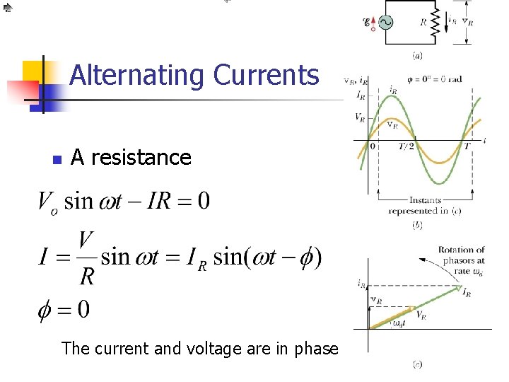 Alternating Currents n A resistance The current and voltage are in phase 