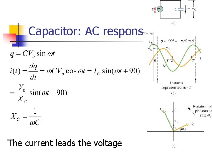 Capacitor: AC response The current leads the voltage 