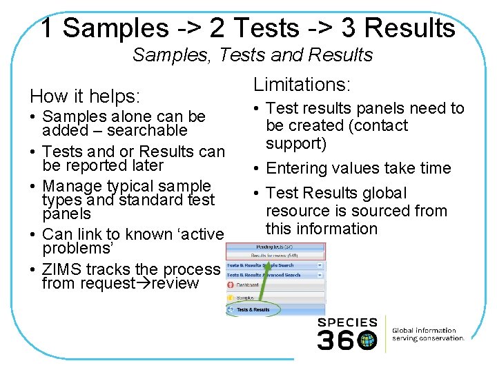 1 Samples -> 2 Tests -> 3 Results Samples, Tests and Results How it