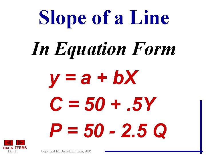 Slope of a Line In Equation Form y = a + b. X C