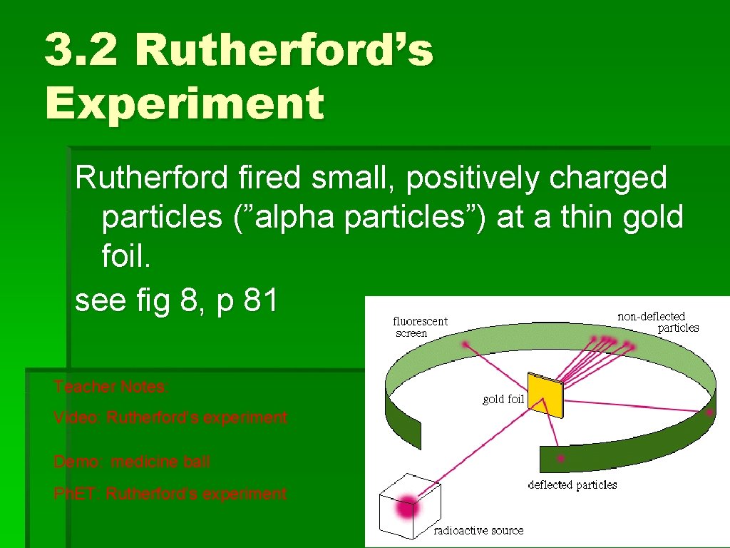 3. 2 Rutherford’s Experiment Rutherford fired small, positively charged particles (”alpha particles”) at a