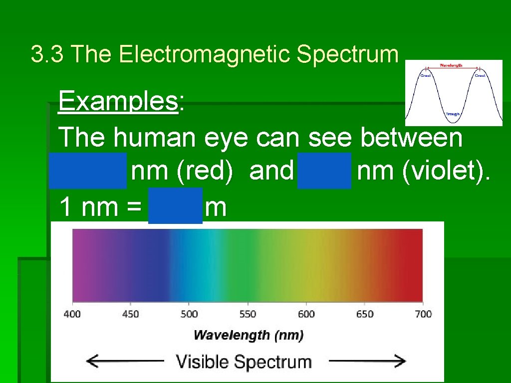 3. 3 The Electromagnetic Spectrum Examples: The human eye can see between 700 nm