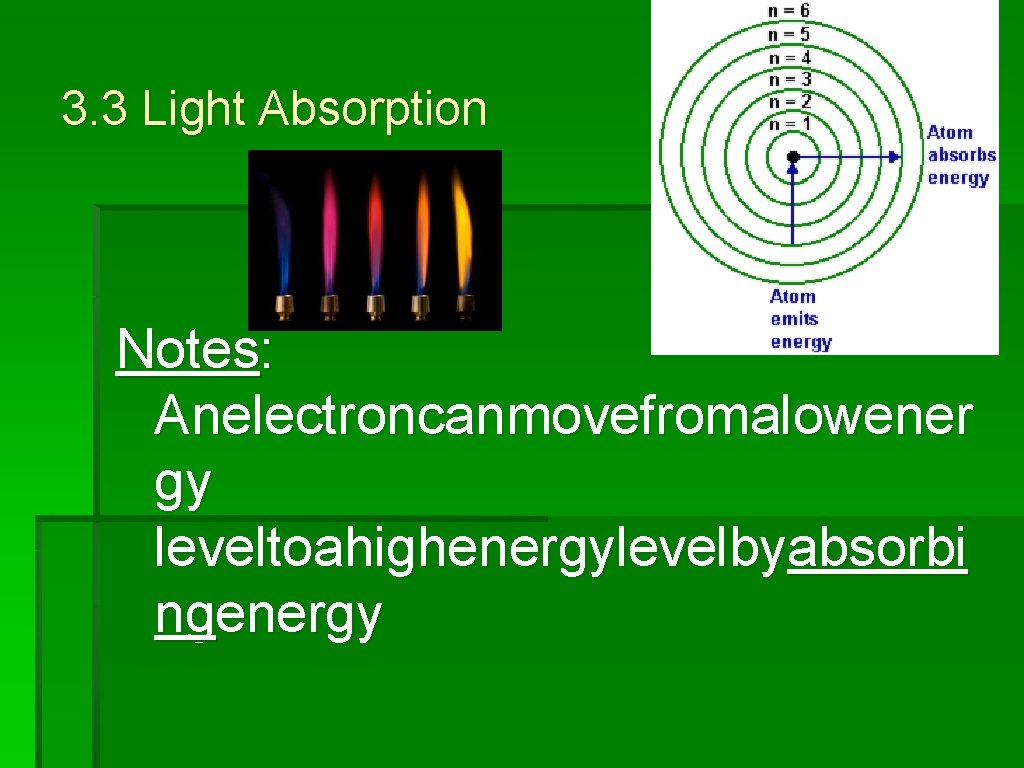 3. 3 Light Absorption Notes: Anelectroncanmovefromalowener gy leveltoahighenergylevelbyabsorbi ngenergy 