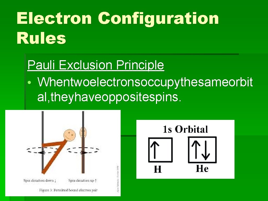 Electron Configuration Rules Pauli Exclusion Principle • Whentwoelectronsoccupythesameorbit al, theyhaveoppositespins. 