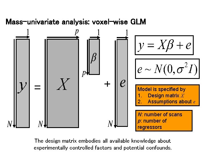 Mass-univariate analysis: voxel-wise GLM y = X + Model is specified by 1. Design