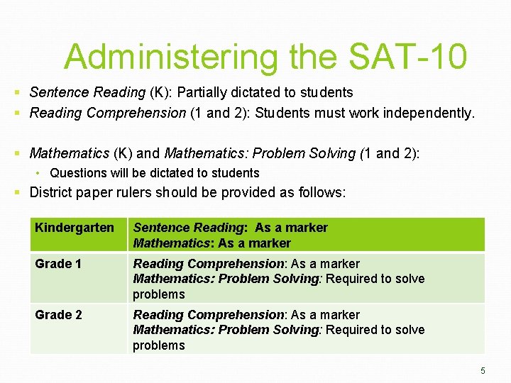 Administering the SAT-10 § Sentence Reading (K): Partially dictated to students § Reading Comprehension