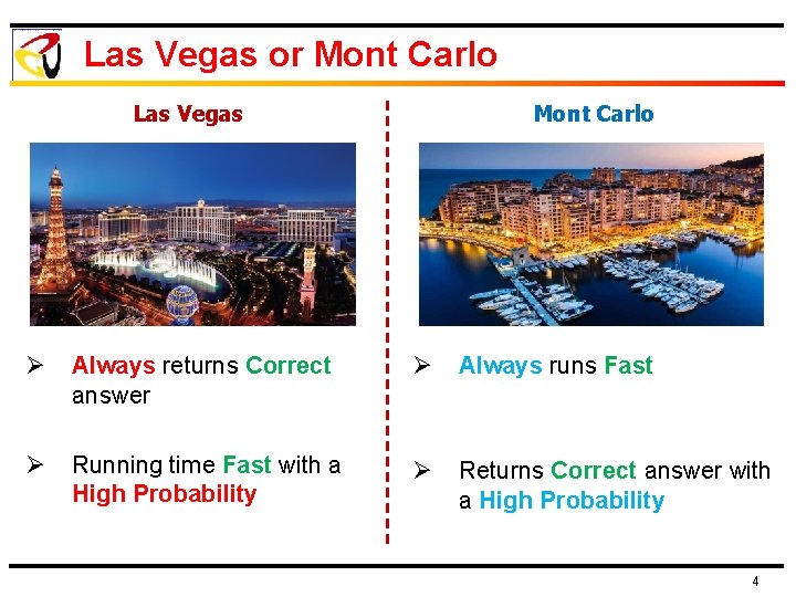 Las Vegas or Mont Carlo Las Vegas Mont Carlo Ø Always returns Correct answer