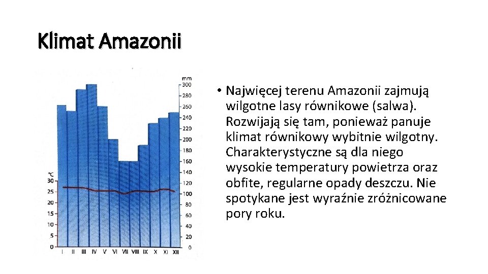 Klimat Amazonii • Najwięcej terenu Amazonii zajmują wilgotne lasy równikowe (salwa). Rozwijają się tam,