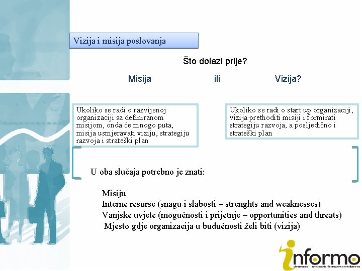 Vizija i misija poslovanja Što dolazi prije? Misija Ukoliko se radi o razvijenoj organizaciji